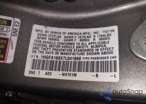 2007 Honda Civic Ex из США, поврежденный, VIN 1HGFA168X7L041868